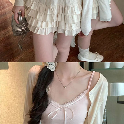 Pure Desire Lace Trim ter Vest Women Summer Sweet Spicy Girl  Knot Slim Fit  Strapba Top Beautiful Bal...