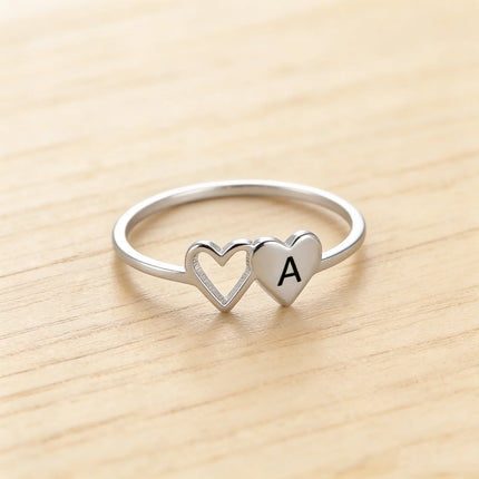 COOLTIME Initial Letter Ring for Women Stainless Steel A-Z Alphabet Double Heart Rings Fashion Wedding Anniversary Birthday Gift