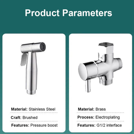 Brass 3 Way Diverter Valve Bidet Sprayer Kit with Stainless Steel Nozzle, G1/2 Shower/Faucet Adapter, Hose & Wall Mount