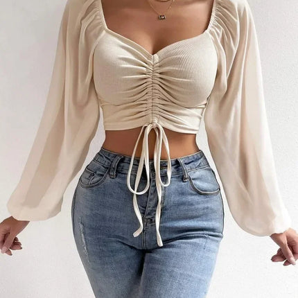 Sexy V-neck Women Blouses Drawstring Long Sleeve Crop Tops Ladies Fashion Summer Short Shirt Woman Clothes Blusas Camisas Mujer