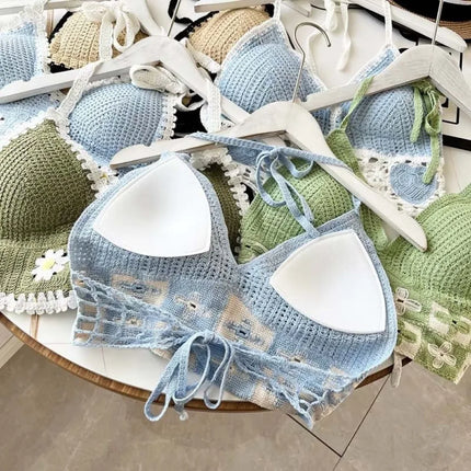 National Style Women's Swimwear Top with Chest Pads Bohemian Beach Wear Outfit Crochet Halter Neck Summer Sling Beach Vacation