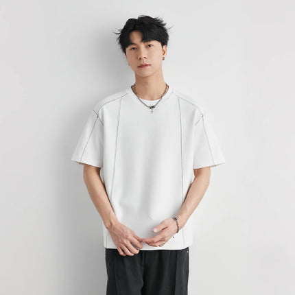 Men's Heavyweight 240g Stitch Trim Split Short Sleeve T-shirt 2026 Summer Crew Neck Loose Drop Shoulder Casual Versatile Top