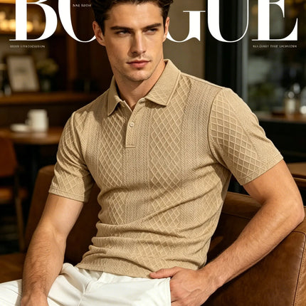 Men's Diamond Jacquard Knit Polo Shirt Breathable Quick Dry Casual Business Short Sleeve Top for Men