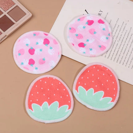 〔HBA16〕 10 Pcs Makeup Remover Pads Washable Double-Layer Strawberry Print Cleaning Cotton Reusable Facial Make Up Removal Pads