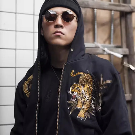 Bamboo Tiger Chrysanthemum Embroidered Yokosuka Sukajan Hoodies Coats Black Men Boys High Quality Sweatshirt Sweater Tops Vintag