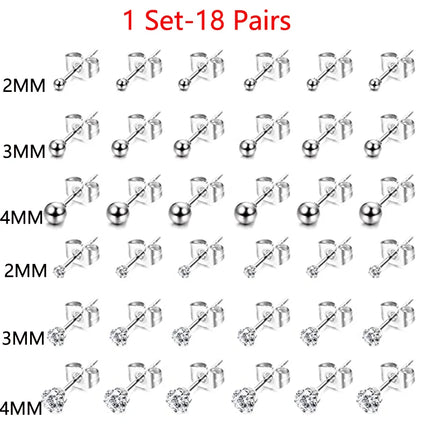 1 Pair/18 Pairs Hypoallergenic Small Stud Earrings Women Men Stainless Steel Ball Stud Earrings Set Cartilage Piercing Jewelry