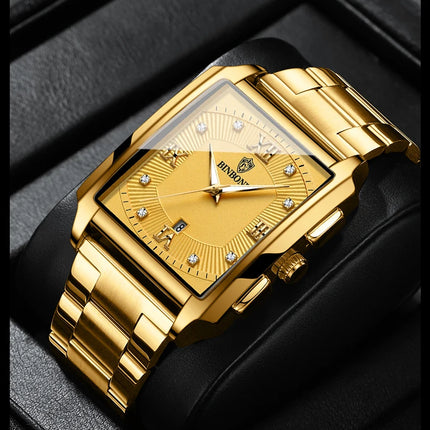 BINBOND Luxury Quartz Watch for Men Golden Square Large Dial 30M Waterproof Leather Strap Wrist Watches Date Display Men's Watch