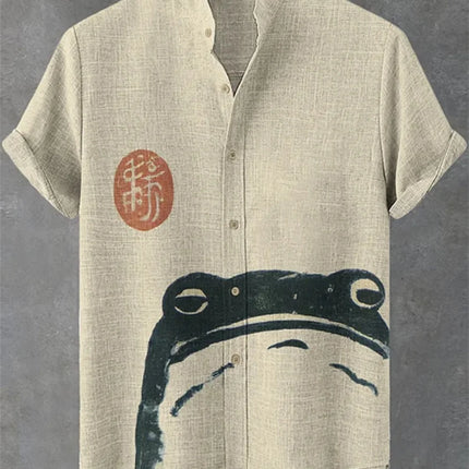Men's Frog Abstract Print Short Sleeve Linen Shirt Stand up Collar Casual Breathable Top Fashionable Summer Cardigan
