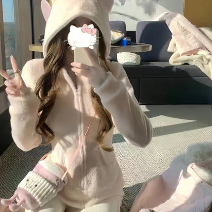 2025 Kawaii Plush Hoodie Women Bear Ear Zip Jacket Soft Warm Fleece Coat Korean Sweet Girl Winter Outerwear Cute Fashion Trend