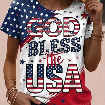 Women's American Flag & Bald Eagle Print T-Shirt Casual Short Sleeve Crew Neck Patriotic Graphic Tee for Summer