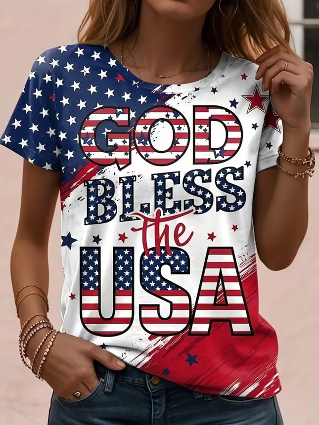 Women's American Flag & Bald Eagle Print T-Shirt Casual Short Sleeve Crew Neck Patriotic Graphic Tee for Summer