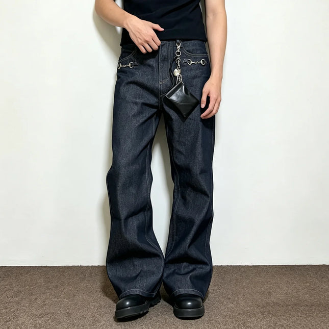 Women Metal Buckle Fashion Vintage Casual Primary Colors Denim Jeans Men Streetwear Loose Retro Jeans Pants Trousers