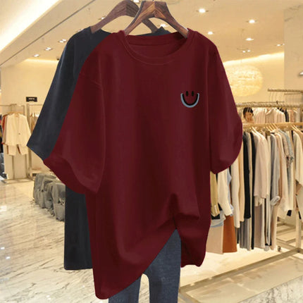 Women Clothing Pure Cotton Smiling Printing Basic T-shirt Summer Fashion Casual O-neck Short Sleeve Top Tee Oversized Pullovers