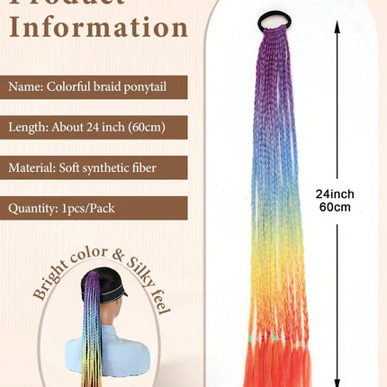 Braided Ponytail Extension Synthetic Colorful Hair Extension For Women 24inch Rainbow Hair Braids Extensions