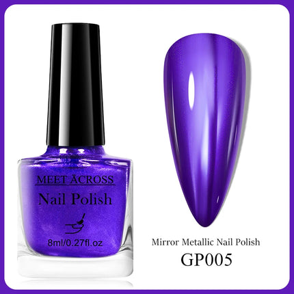 MEET ACROSS 8ml Glass Bottle Metallic Nail Polish Super Silver Gold Mirror Effect Nail Art Polish DIY Manicure Without Lamp