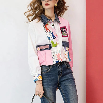 Women Cropped Shirt Denim Patchwork Printed Blouse Loose Fit Casual Spring Fall Shirt Top