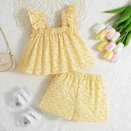 Two Piece Set Baby Girl Suit Summer Bowknot Full Printed Love Girls Beach Set Cute Top Shorts Girls Two Piece Set