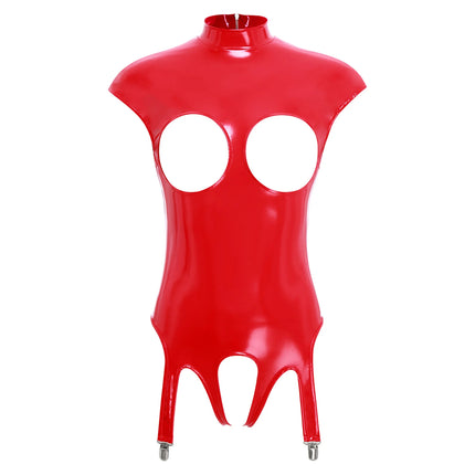 Womens Lingerie Open Chest Open Cup Bodysuit Patent Leather Latex Catsuit Costume Bare Breast Exposed Bodycon Bodysuit Dresses
