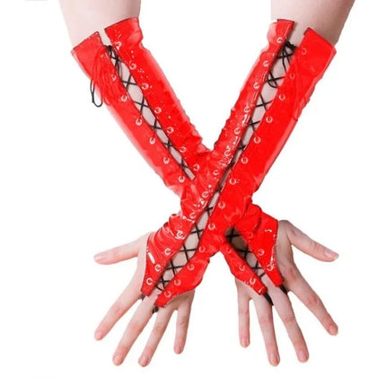 Sexy Long PVC Women Black Red Gloves Ladies Fetish Faux Leather Black Bandage Gloves Clubwear Sexy Cosplay Costumes Night Club