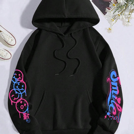 Happy Day Graffiti Print Women Hoodie Street Hip Hop Hoody Fashion Crewneck Versatile Hoodies Vintage Oversize Clothes Female