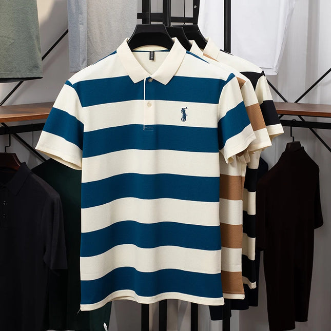 Men's Contrasting Striped Lapel Short Sleeved T-shirt, Summer Dad Outfit, New Cool POLO Top