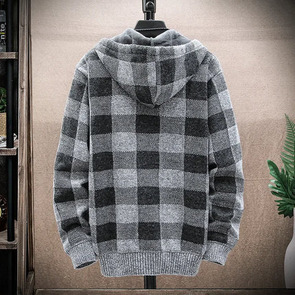 2023 Autumn/winter Fleece-lined Trendy Color Block Versatile Hooded Men's Cardigan Youth Outerwear Knitted Top For Men