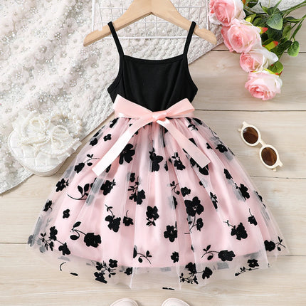 Girls' Spring and Summer Fashion Knit Strap Floral Velvet Mesh Casual Dress Princess Dress Party Holiday Casual Vacation Gift
