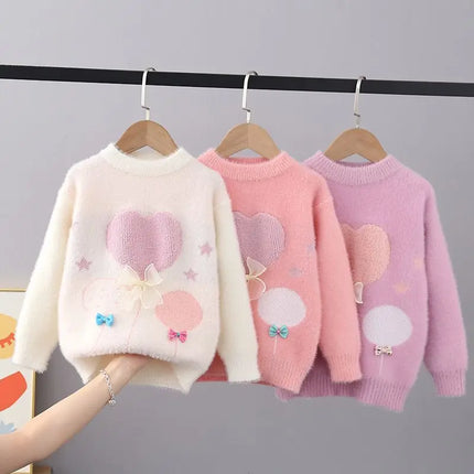 Chic New Autumn Winter Thick Pullover Sweaters Girls Knit Lace Butterfly-knot Sweaters Children Clothing Girls Sweater FY11292