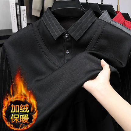 Men's Winter Thickened Fleece Lined Knitwear Polo Shirt Long Sleeve Loose Fit Solid Color Thermal Base Layer Two-Piece Look