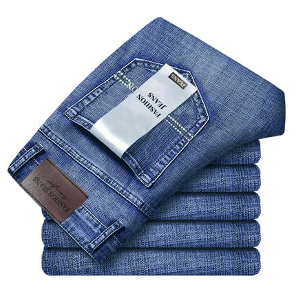 Spring Summer Classic Pocket Men Fit Straight Thin Jeans Cotton Elastic Middle Waist Business Casual Lightweight Pants