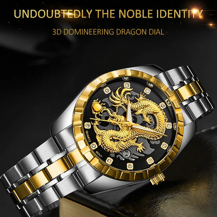WLISTH Men's Watch 3D Golden Dragon Original Quartz Watch for Men Dragon Dial Waterproof Luminous Date Stainless Steel Watches