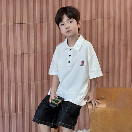 2025 Summer Children's Style Embroidered Short Sleeve Polo Shirt Men's Beaded Cotton Breathable Collar T-shirt