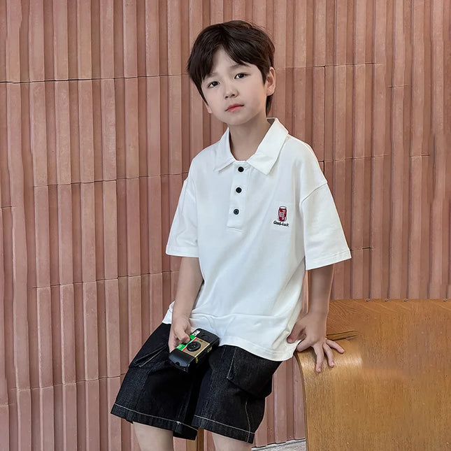 2025 Summer Children's Style Embroidered Short Sleeve Polo Shirt Men's Beaded Cotton Breathable Collar T-shirt