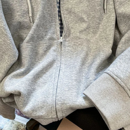 Jmprs Plaid Patchwork Vintage Hoodies Women Loose Preppy Style Gray Sweatshirts Fall Winter Loose Long Sleeve Sweet Korean Tops