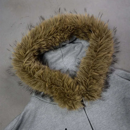 Winter Fashion Streetwear Women's Gothic Printed Faux Fur Hooded Jacket Trendy Edgy Zip - Up Sweatshirt 2026 New Arrival