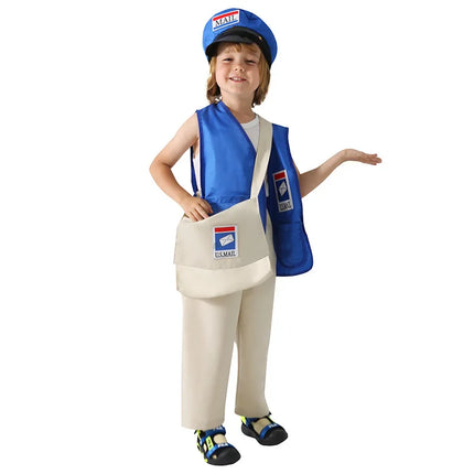 Kids Cosplay Postman Boys Girls Professional Mail Carrier Uniform Costume with Hat Halloween Carnival Dress Up Party Stage Show