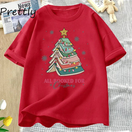 Book Tree Christmas T Shirt All Booked for Christmas T-shirt for Book Lover Librarian Teachers Tees Bookish Cotton Tshirt