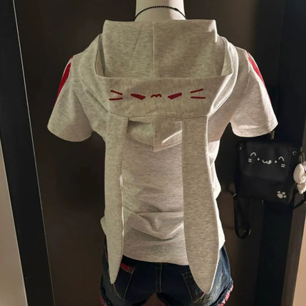 Japanese Cute Babes Slim Fit Cardigan Subculture Kawaii Ears Short Sleeve Hoodies Women Summer New Sweet Streetwear Grey Tops