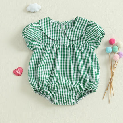 Baby Girls Romper Puff Short Sleeve Doll Collar Plaid Infant Bodysuit Infant Summer Clothes