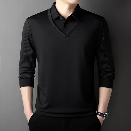 Men's Casual Fashion Long Sleeve Solid Color Polo Shirt 2025 Business Versatile Top All Season Fake Two-Piece