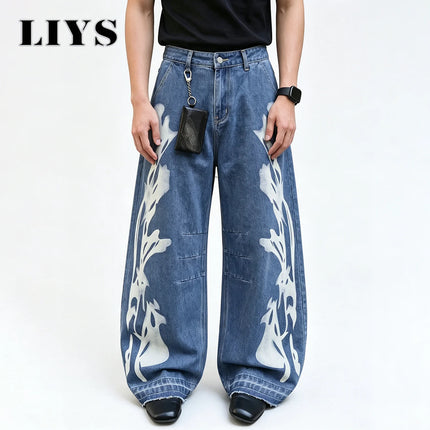 LIYS Men's Retro Grunge Punk Print Wide Leg Jeans Streetwear Baggy Denim Pants Suitable for Gatherings Casual Daily Commuting