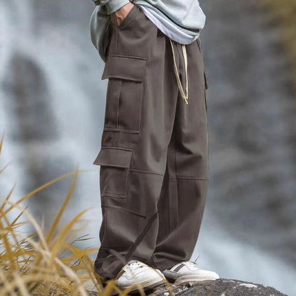 Men Straight Leg Cargo Pants Spliced Design Multi Pockets Functional Loose Long Trousers Outdoor Casual Streetwear Bottoms