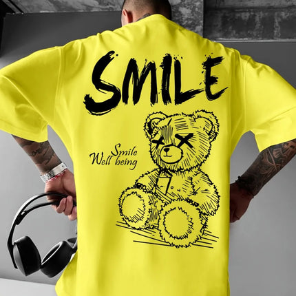 Trendy summer new men's personalized teddy bear print micro-elastic comfortable breathable crew neck T-shirt outdoor urban top