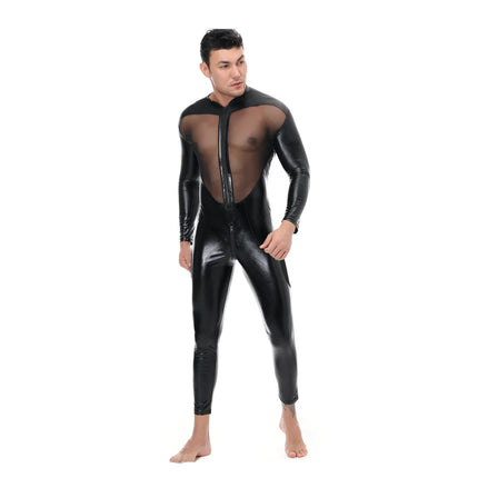 Men Faux Leather Stretch Catsuit Sexy Transparent Mesh Zipper Open Crotch Erotic Tight PVC Bodysuit  Fetish Costumes ecoparty