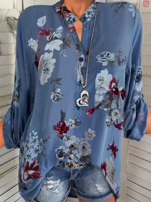 Plus Size 1XL-5XL Women's Fashion V-neck Pull-up Long Sleeved Printed Shirt Ladies Casual Standing Collar Blouse