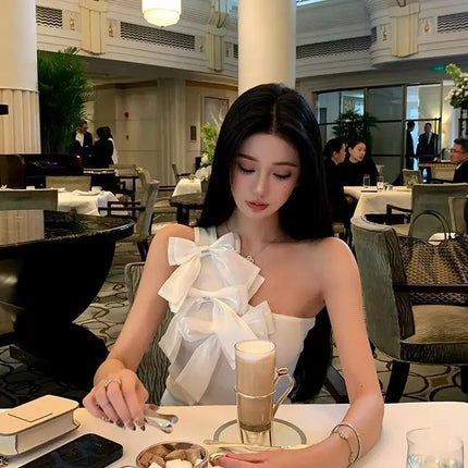 Black Bow Off Shoulder Halter Vest for Women Summer Sweet Sexy Simple Tops Mujer 2026 New Slim Fit Sleeveless Tank Top