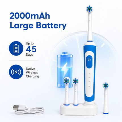 Dr Yadent Rotary Electric Toothbrush for Adults 3 Modes IPX7 Waterproof 3 Brush Heads 45 Days Battery Compatitble with Oral B
