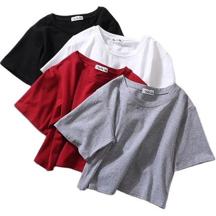 Summer Short Sleeve T Shirts Women  Solid T-shirt O Neck High Waist Crop Top Tee Female Casual Loose T Shirt