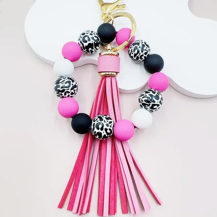 Leopard Print Silicone Bead Keychain With PU Tassel Bag Charm For Adults
