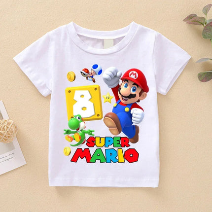 Super Marioes Bros Cute T-shirts for Boys Girls Cartoon Number Printed Birthday T-shirt Children Anime Fashion Short-sleeved Top